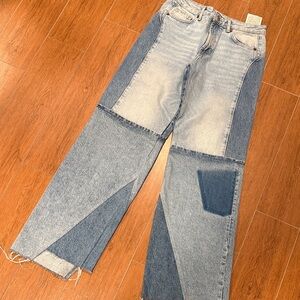 Zara Two-Tone Patchwork Wide-Leg Jeans - Light & Dark Blue